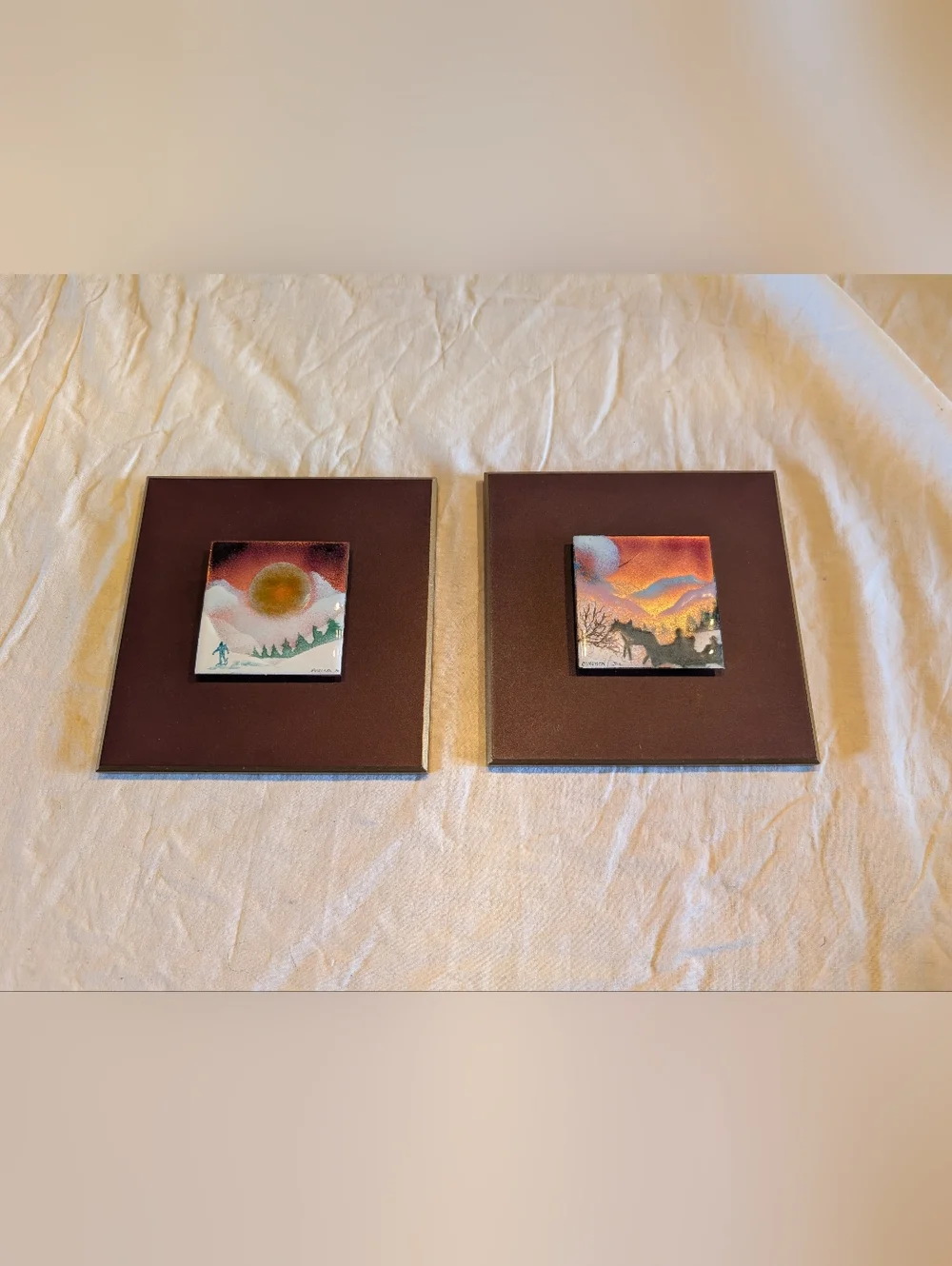 2/50$ Vintage Brown Framed Dual Mini Landscape Enamel On Copper Wall Art - Picture 1 of 6